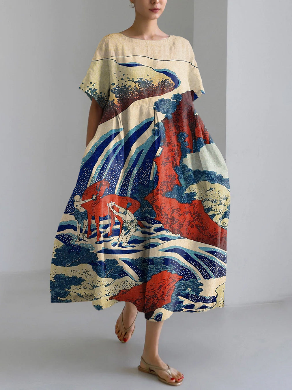 Vintage Japanese Art Katsushika Hokusai Waterfall Pattern Linen Blend Maxi Dress