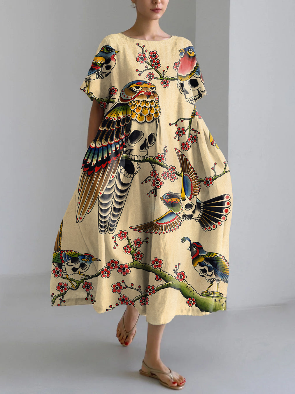 Vintage Owl Skull Tattoo Japanese Art Pattern Linen Blend Maxi Dress