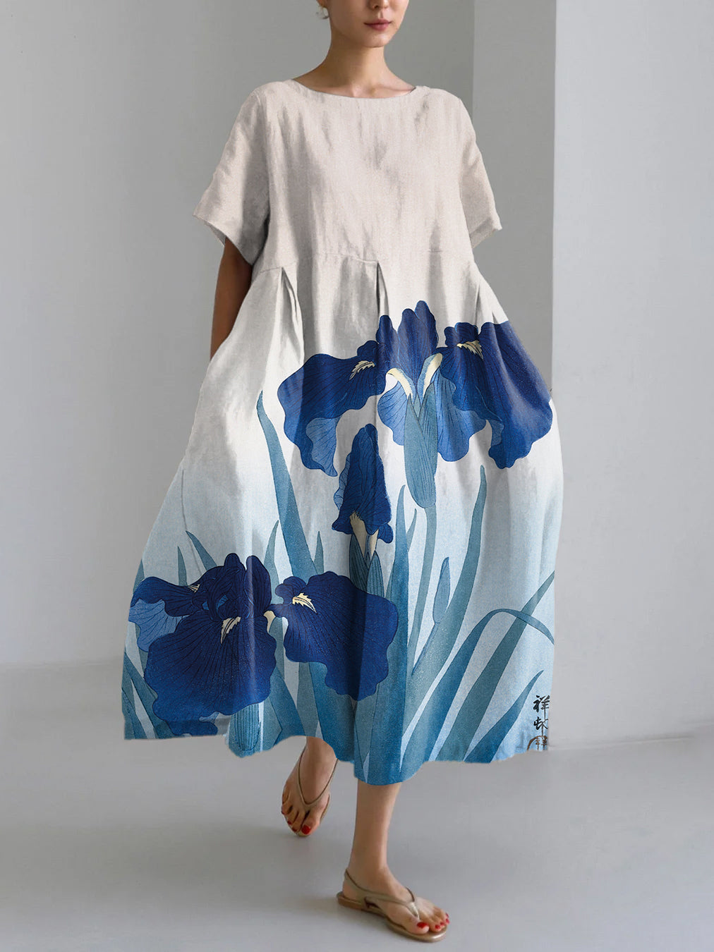 Vintage Japanese Art Flower Pattern Linen Blend Maxi Dress