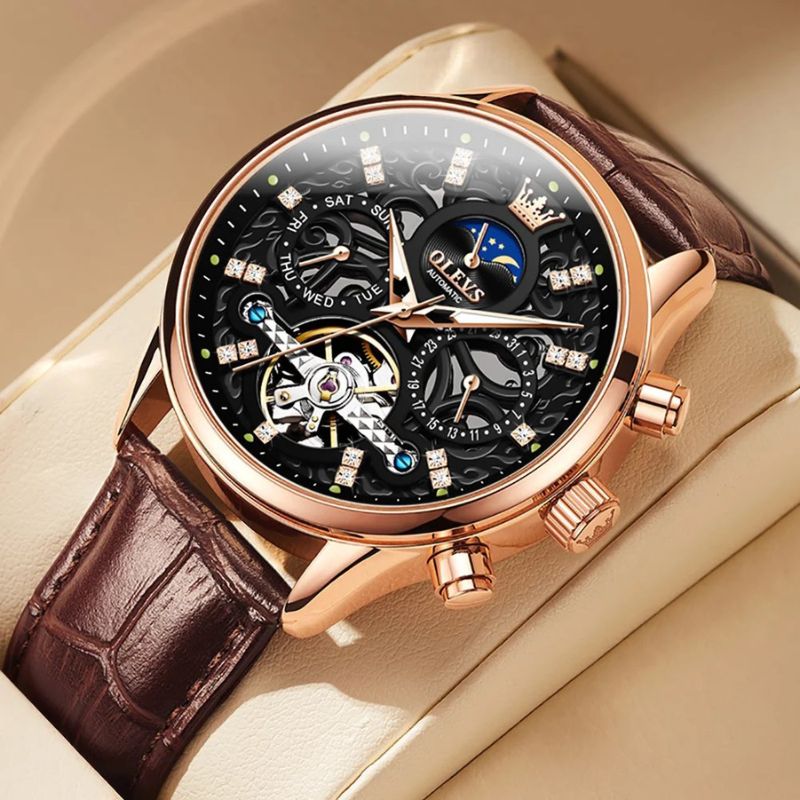Automatic Mechanical Watch with Leather Strap