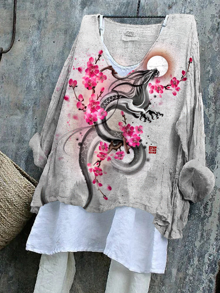 Plum Blossom Dragon Japanese Art Pattern Cozy Flowy Tunic