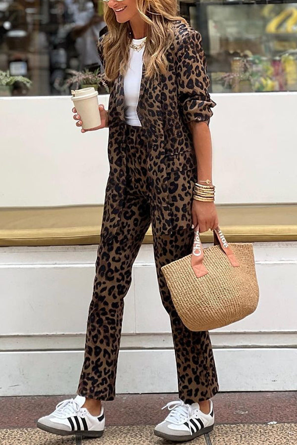Wild Personality - Leopard Relaxed Blazer and Elastic Waist Pants Set