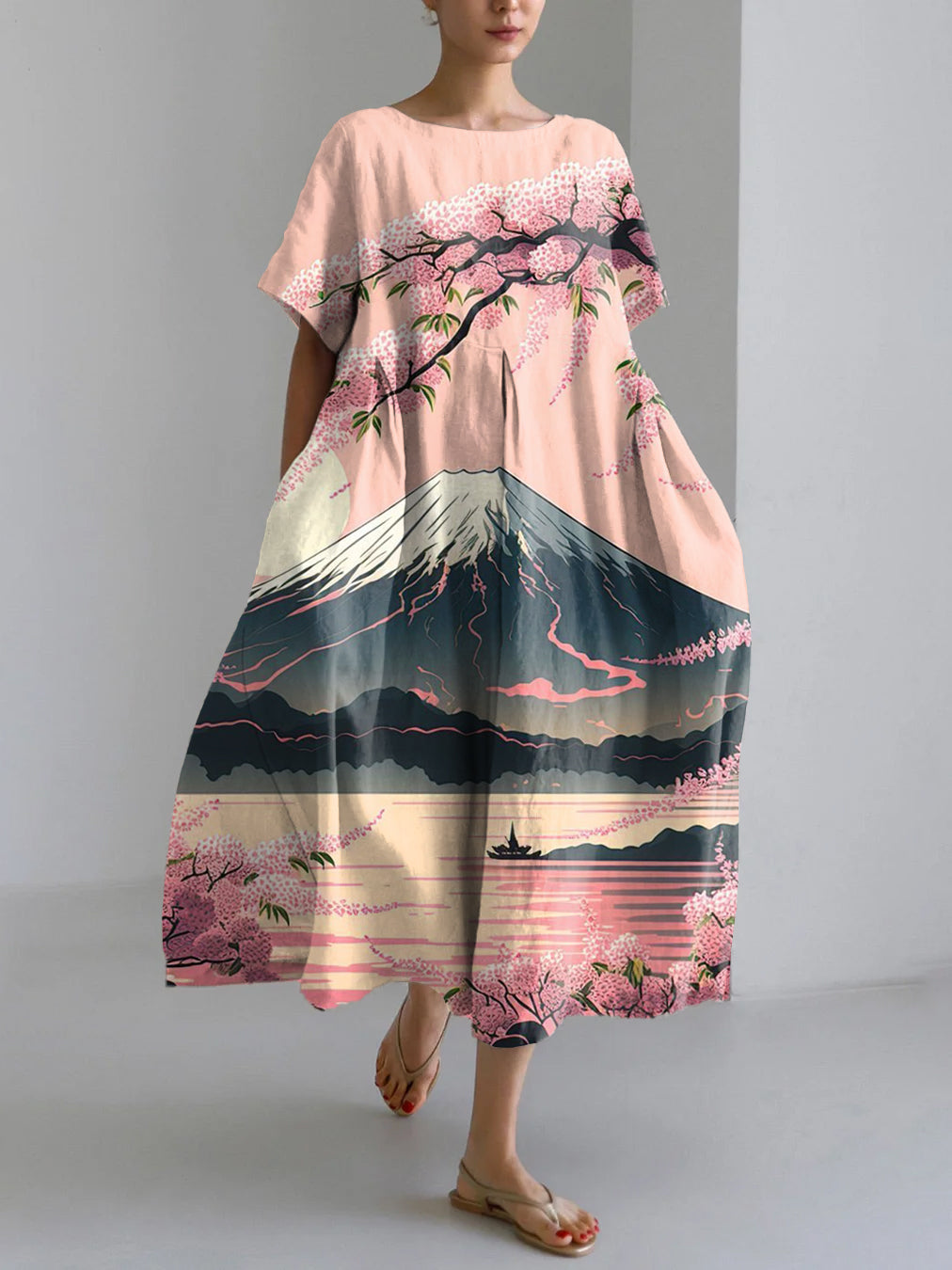 Vintage Mount Fuji Japanese Art Pattern Linen Blend Maxi Dress
