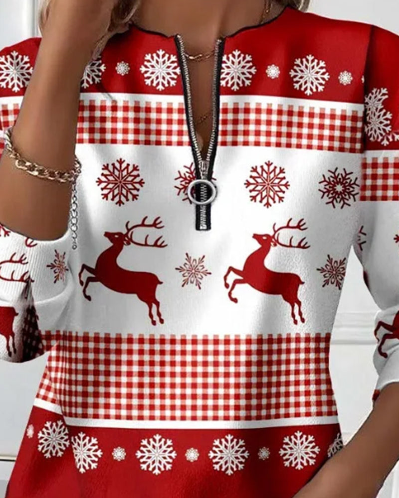 Zippered Sweatshirt with Snowflake Print