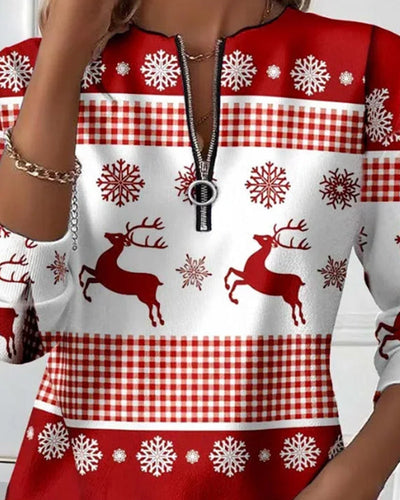 Zippered Sweatshirt with Snowflake Print