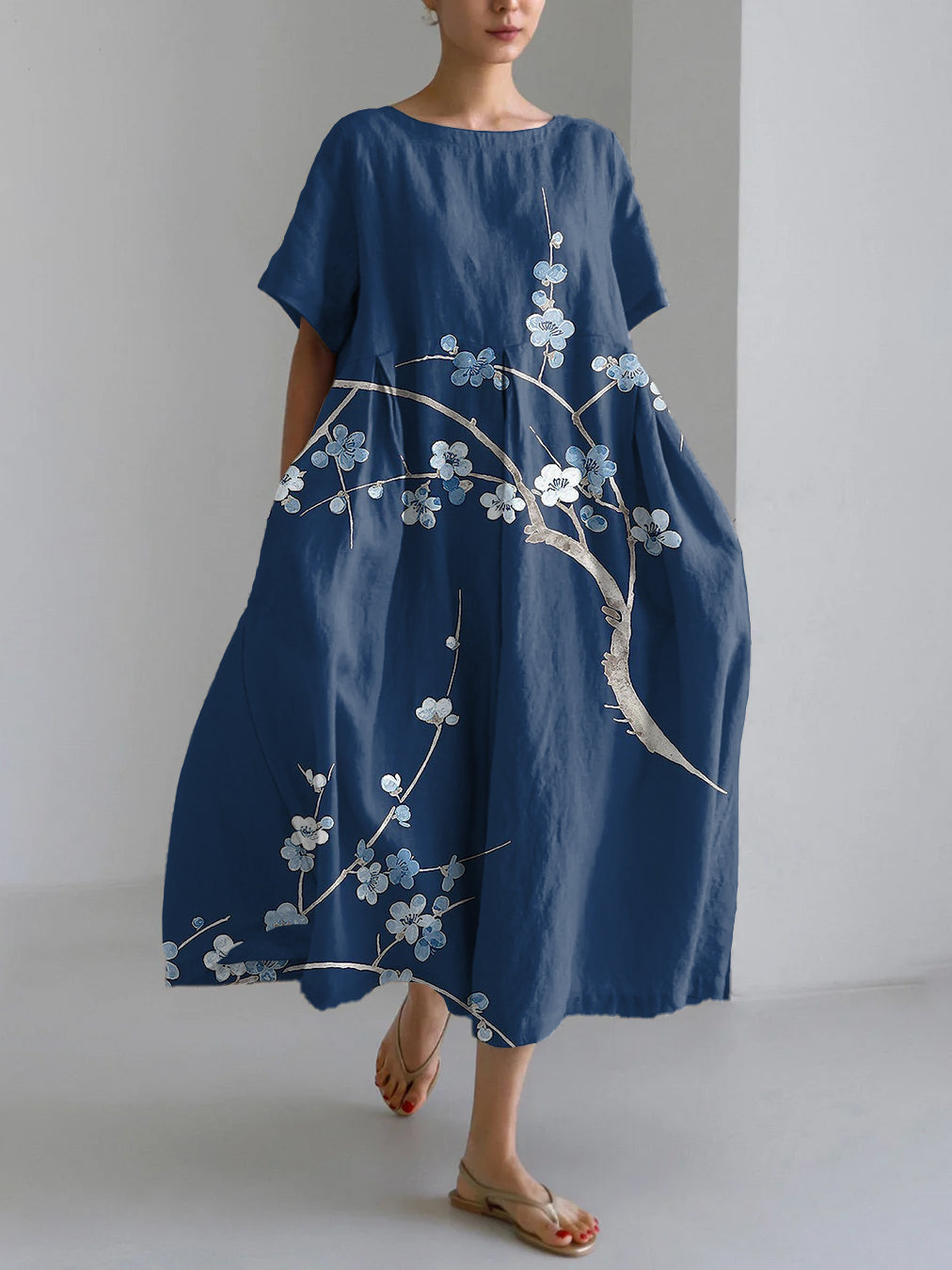 Japanese Art Flower Print Linen Blend Maxi Dress