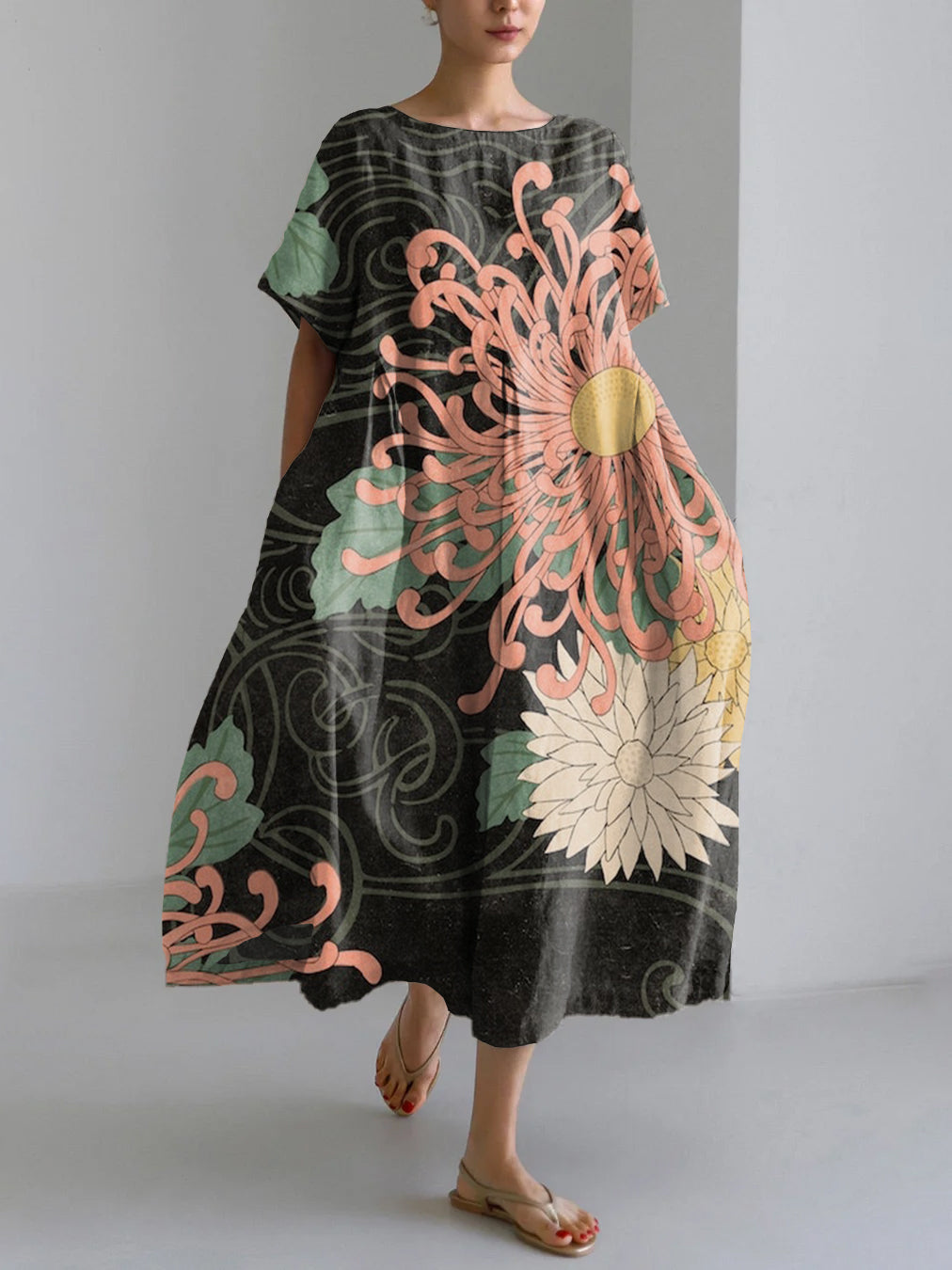Japanese Floral Print Linen Blend Maxi Dress