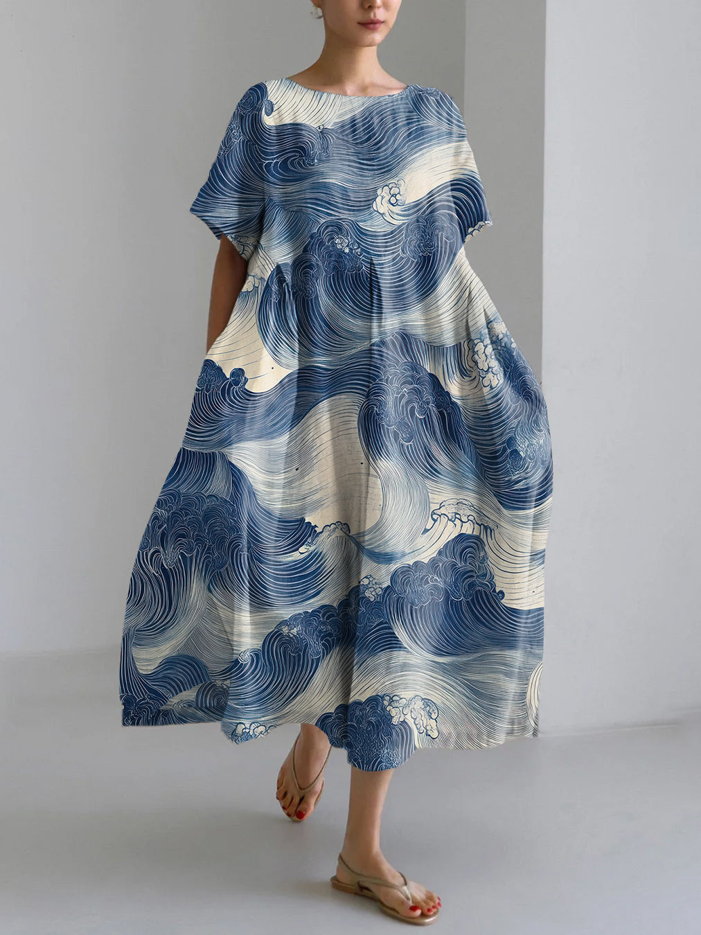 Japanese Blue Waves Japandi Art Pattern Linen Blend Maxi Dress