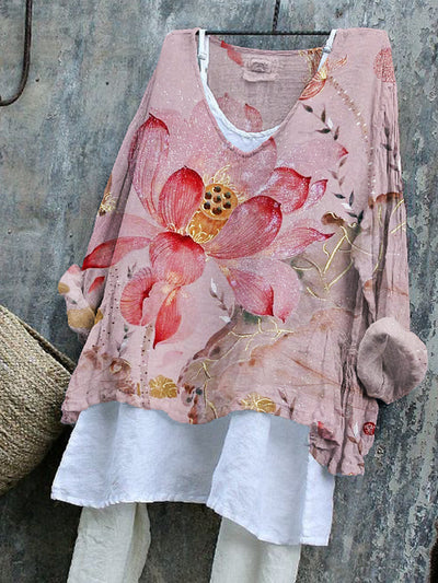 Lotus Flowers Glitter Japanese Art Linen Blend Tunic