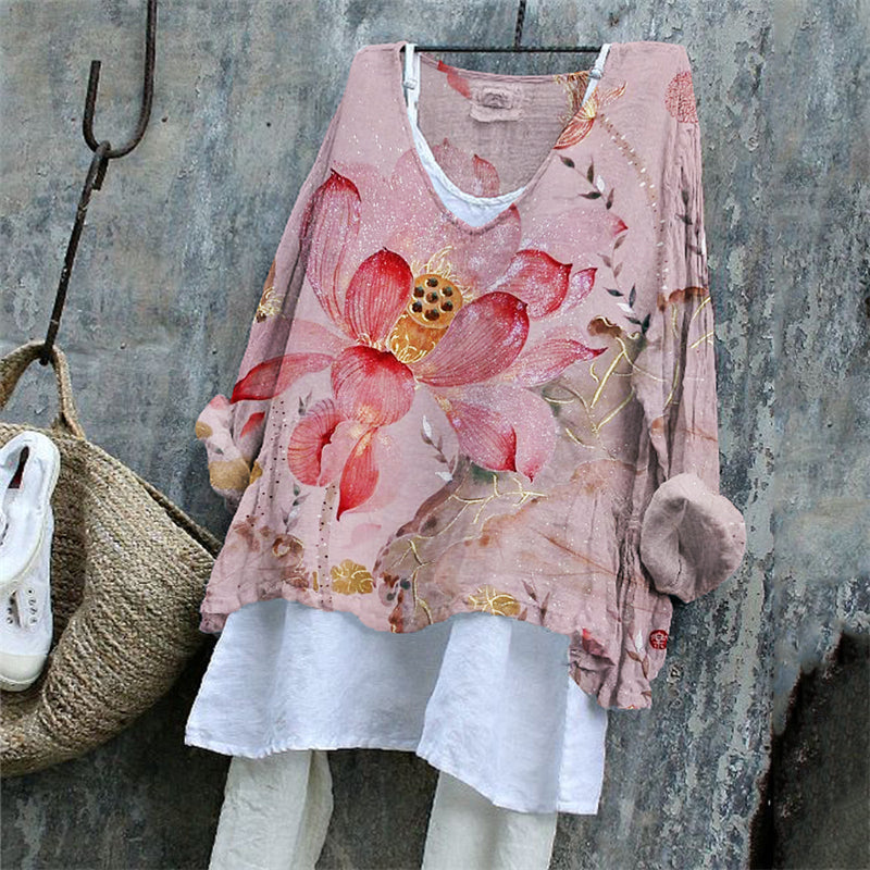 Lotus Flowers Glitter Japanese Art Linen Blend Tunic