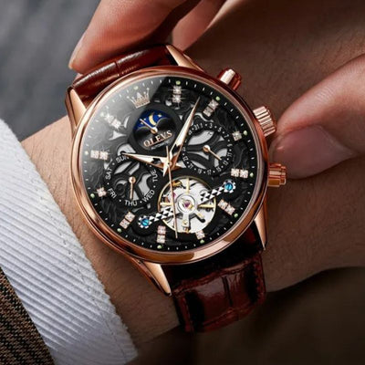 Automatic Mechanical Watch with Leather Strap