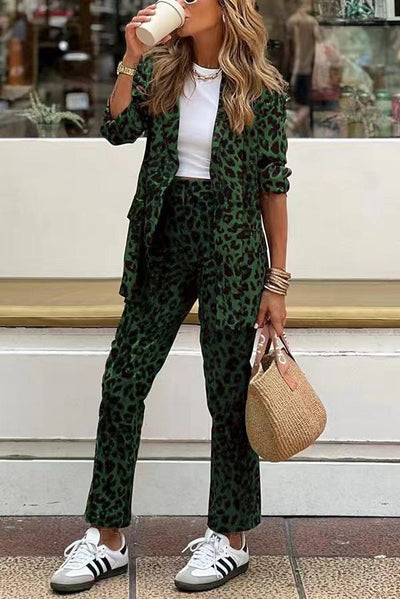 Wild Personality - Leopard Relaxed Blazer and Elastic Waist Pants Set