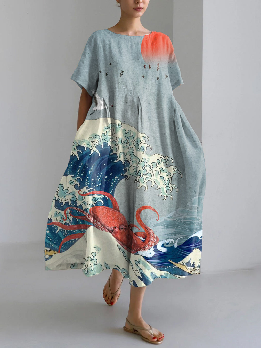 Vintage Japanese Art Ocean Waves Octopus And Crane Pattern Linen Blend Maxi Dress