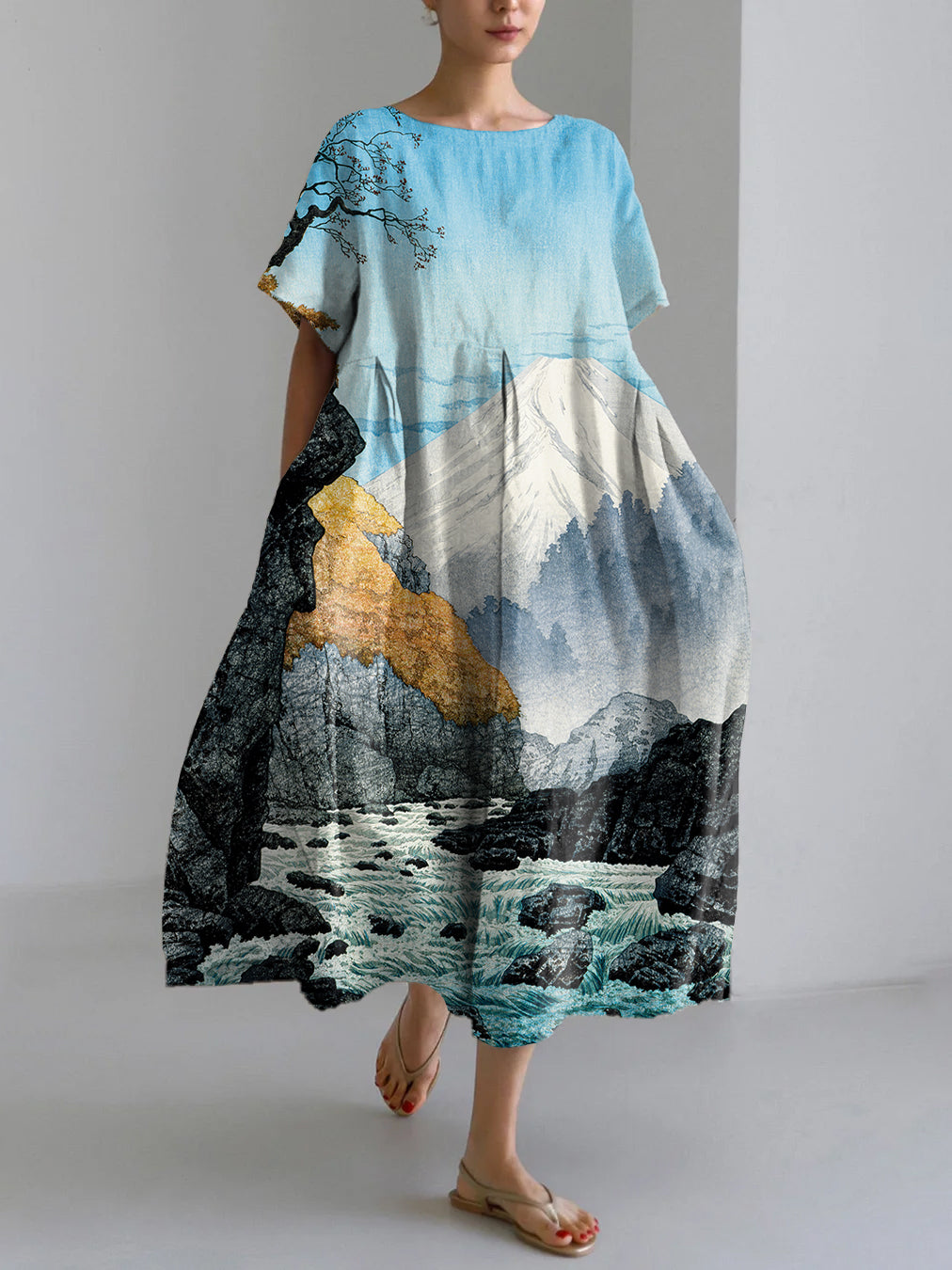 Vintage Mount Fuji Japanese Art Pattern Linen Blend Maxi Dress