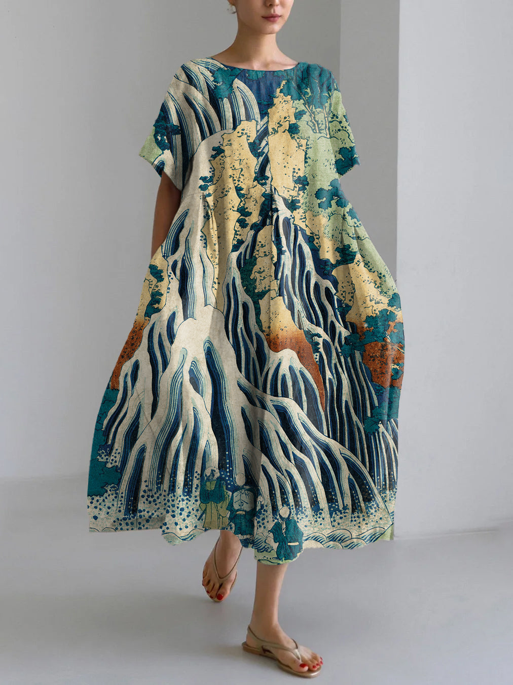 Vintage Japanese Art Kirifuri Waterfall Pattern Linen Blend Maxi Dress