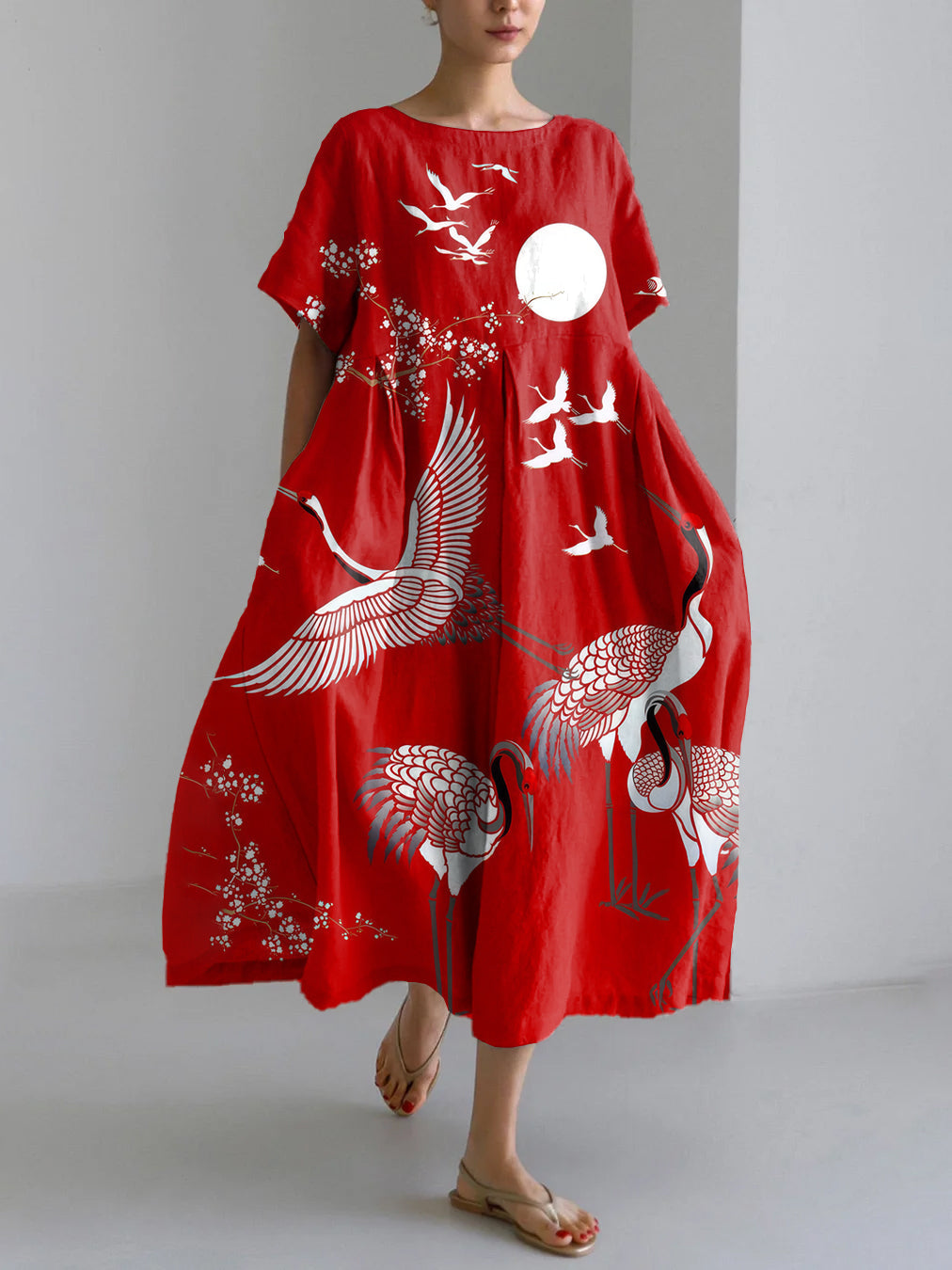 Vintage Crane Art Print - Linen Blend Maxi Dress