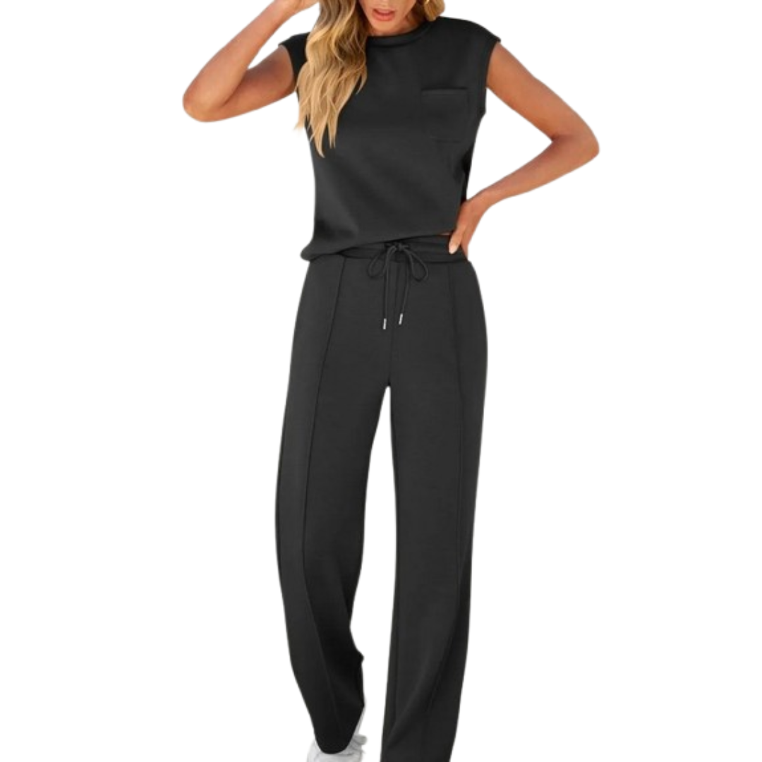 Black sleeveless top and pants set on a white background
