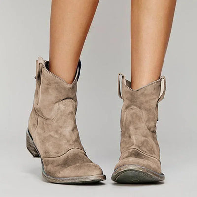 Pair of brown suede cowboy boots on a neutral background