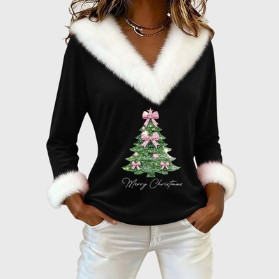 Momo - Large Fur Collar Christmas Print Top
