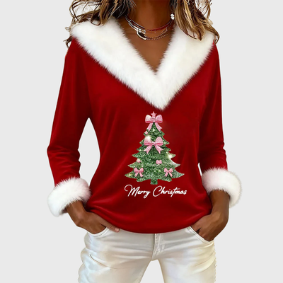 Momo - Large Fur Collar Christmas Print Top