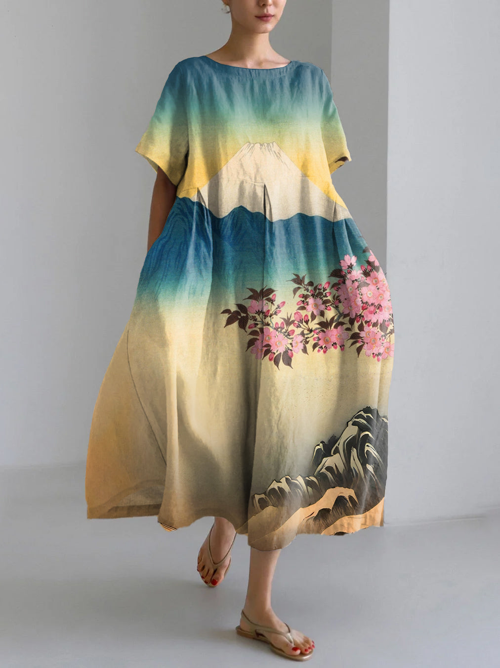 Vintage Mount Fuji Japanese Art Pattern Linen Blend Maxi Dress