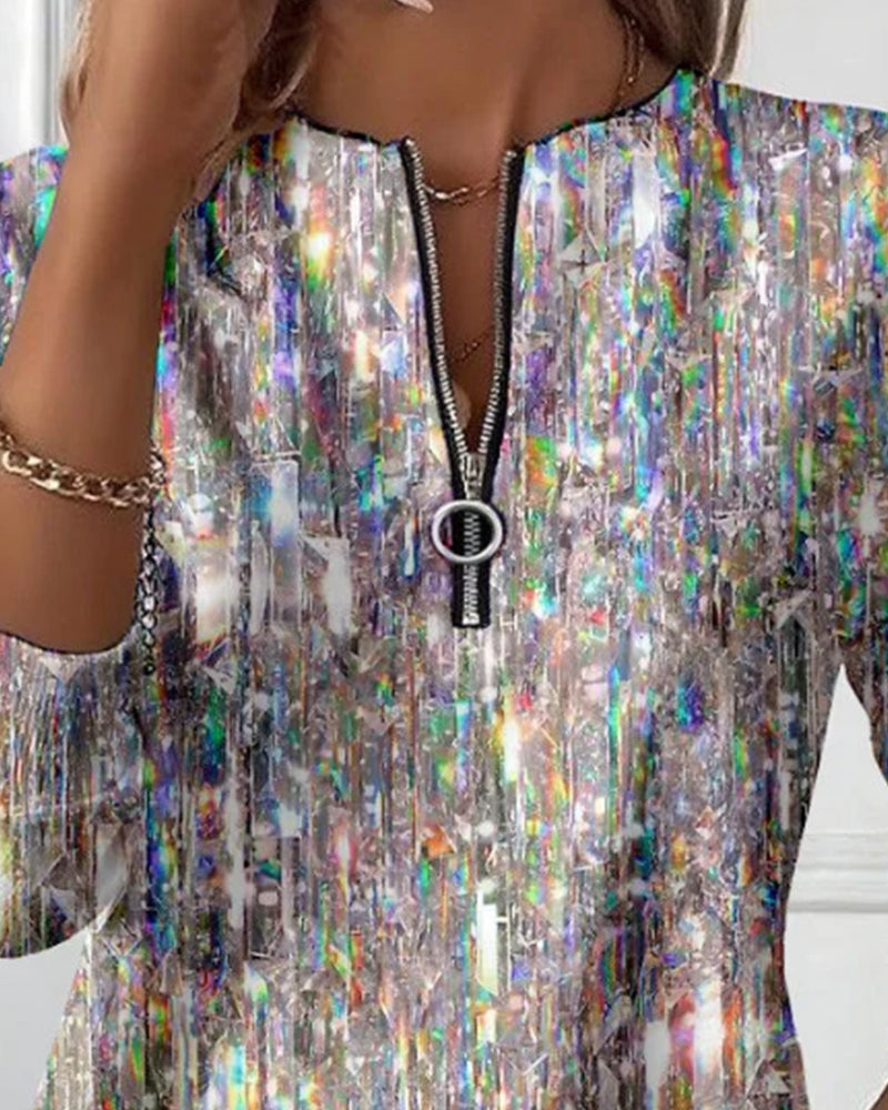 Maria - Printed Sweatshirt with Long Sleeves and Half-Zip