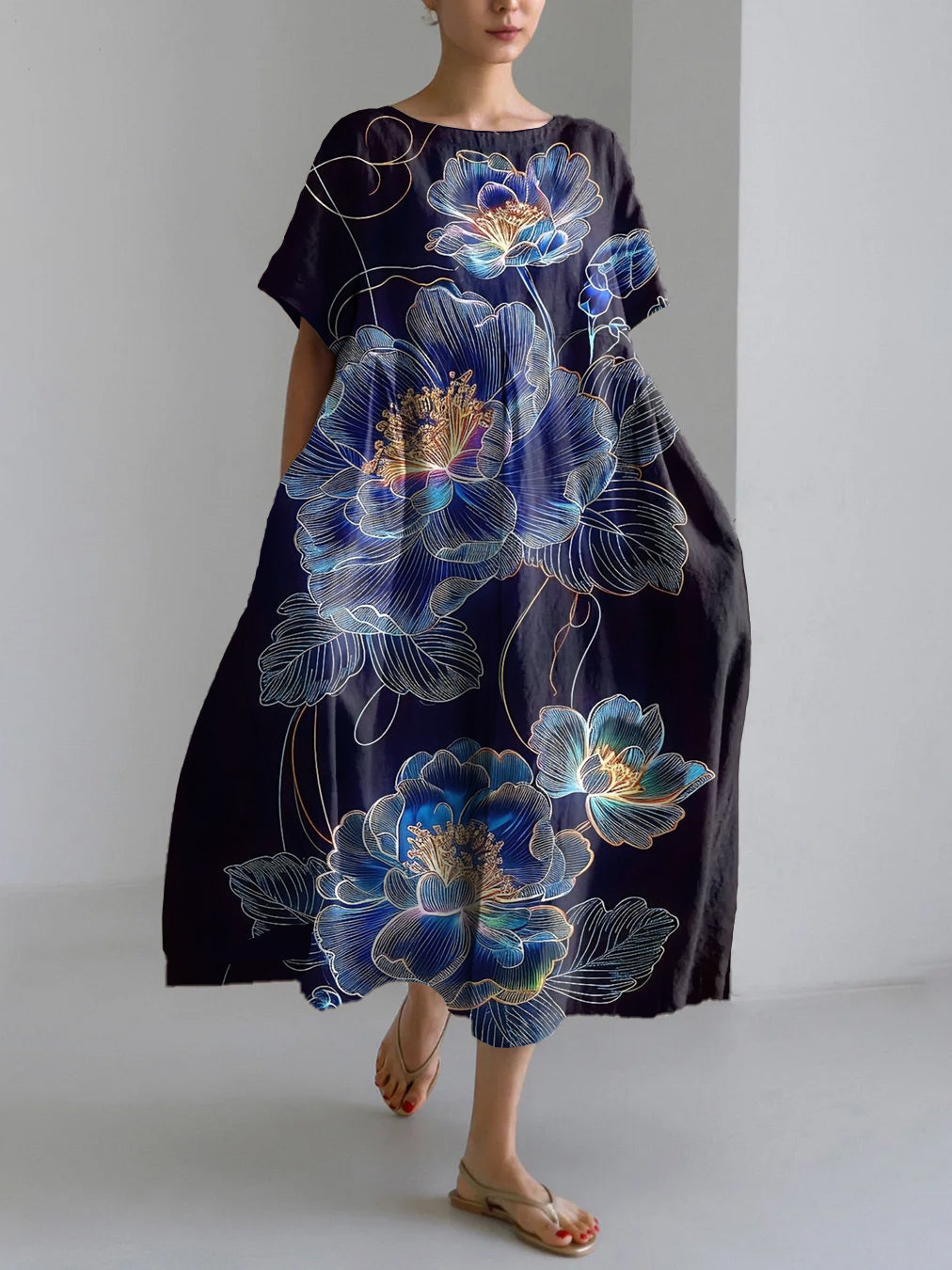 Japanese Art Flower Print Linen Blend Maxi Dress