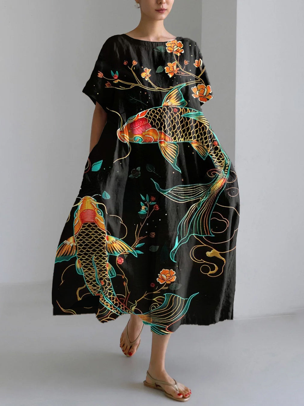 Japanese Art Flower Koi Fish Print Linen Blend Maxi Dress