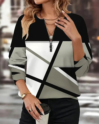 Zippered T-Shirt with Geometric Pattern