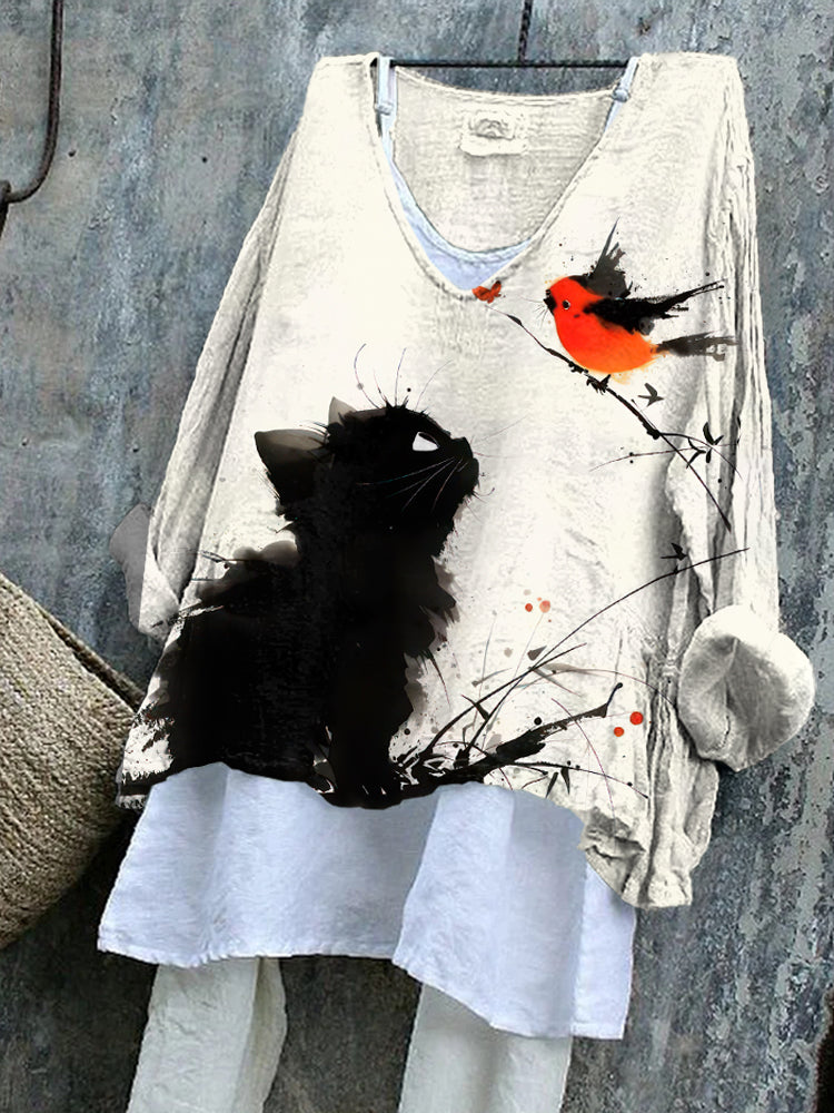 Cute Cat And Bird Japanese Art Pattern Cozy Flowy Tunic
