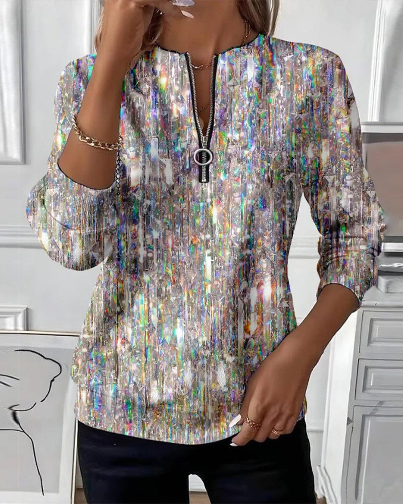 Maria - Printed Sweatshirt with Long Sleeves and Half-Zip